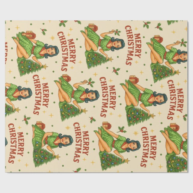 Papier Cadeau Retro Christmas Pin-Up Wrapping Paper  (Plat)