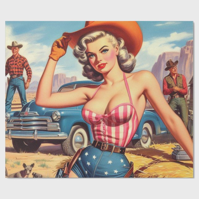Papier Cadeau Retro Cowgirl Pin Up (Plat)