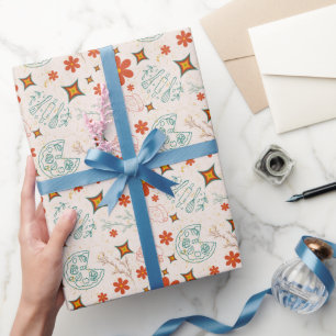 Papier Cadeau Retro Floral Fast Food Motif