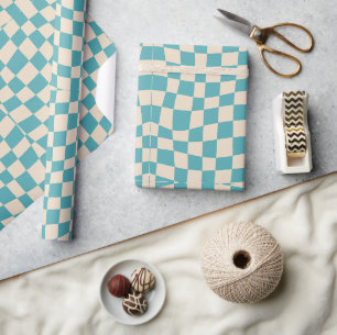 Papier Cadeau rétro funky mignon turquoise bleu à carreaux ondul