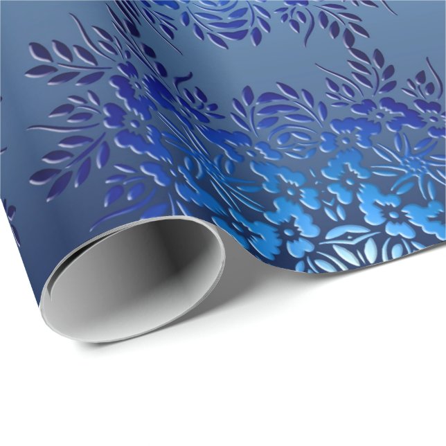 Papier Cadeau Rétro gradient bleu floral (Coin rond)