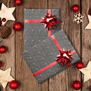 Papier Cadeau Retro Gris coloré Oh Noël Arbre vacances