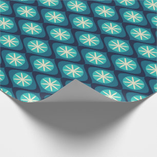 Papier Cadeau Retro les années 70 motif floral ondulé - bleu