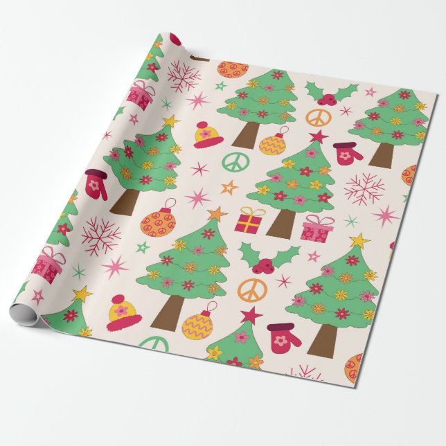 Papier Cadeau Rétro les années 70 Super Noël Arbres Motif (Déroulé)