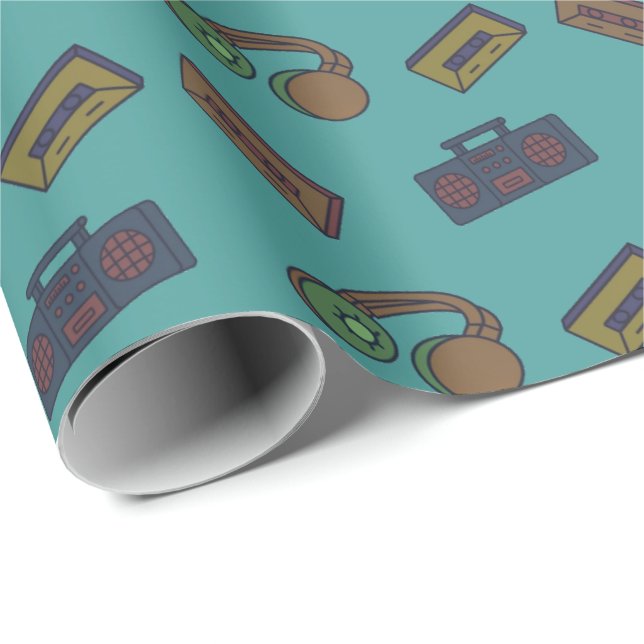 Papier Cadeau Retro Music Audio Collage Turquoise (Coin rond)