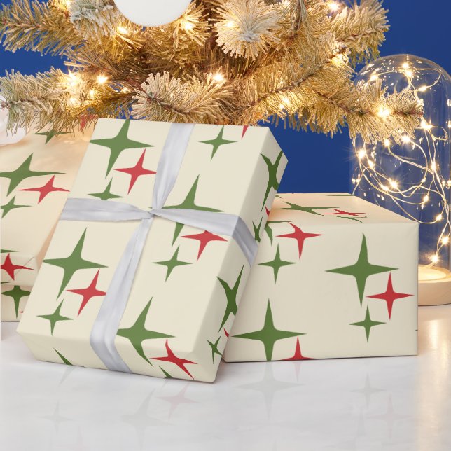 Papier Cadeau Retro Noël Mi-Siècle Moderne Étoiles atomiques (Vacances)