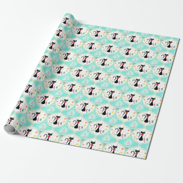 Papier Cadeau Retro Noël Siamese Chat Ogee Motif (Déroulé)