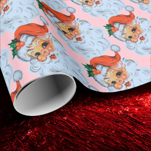 Papier Cadeau Retro Père Noël face rose Noël