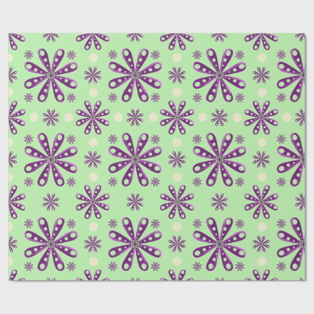 Papier Cadeau Retro Purple Flowers on Green Background (Plat)