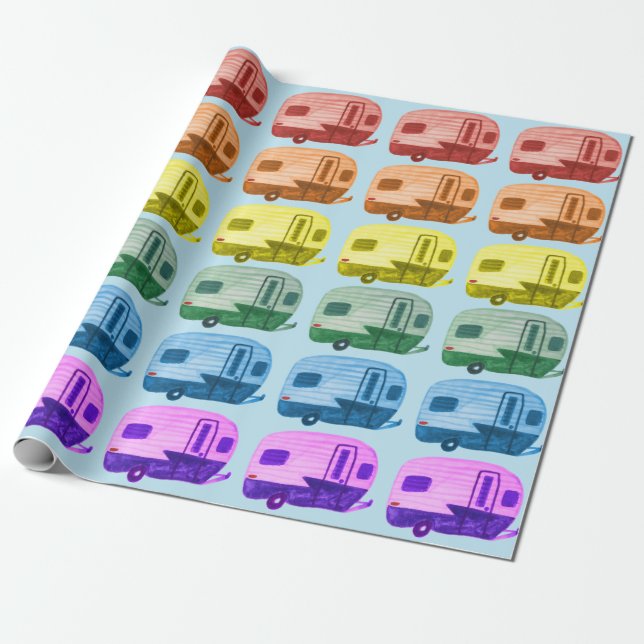 Papier Cadeau Rétro Rainbow Trailers Motorhome RV sur Blue (Déroulé)