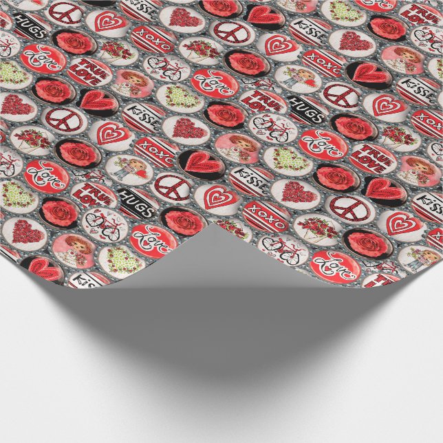 Papier Cadeau Retro Red Floral Hearts Valentine Bottle Casquette (Coin)