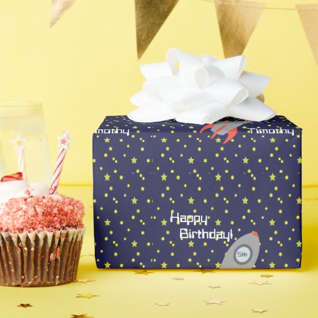 Papier Cadeau Retro Rocket Ship Joyeux anniversaire (Fête d'anniversaire)