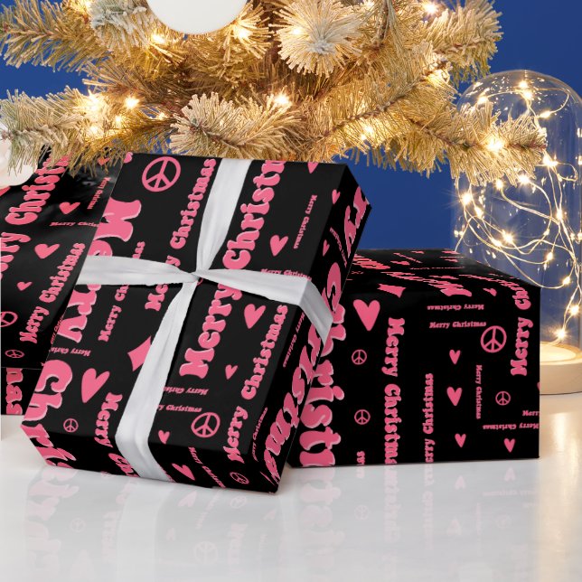 Papier Cadeau Retro Rose et Noir Joyeux Noël Paix et Amour (Vacances)