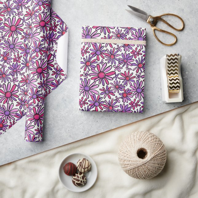Papier Cadeau Retro rose et violet marguerite motif floral (Artisanat)