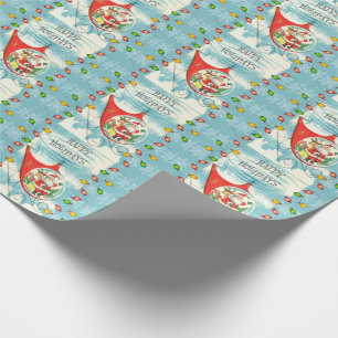 Papier Cadeau Rétro Santa Hélicoptère Fêtes Lumières Bleu Aqua