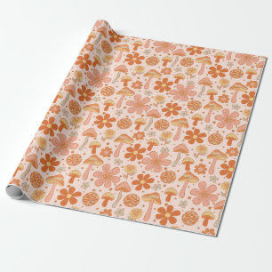 Papier Cadeau Rétro Super Boho Rose Orange Disco Champignons