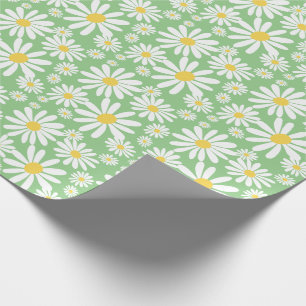 Papier Cadeau Retro Super marguerites Printemps Motif Sage Vert