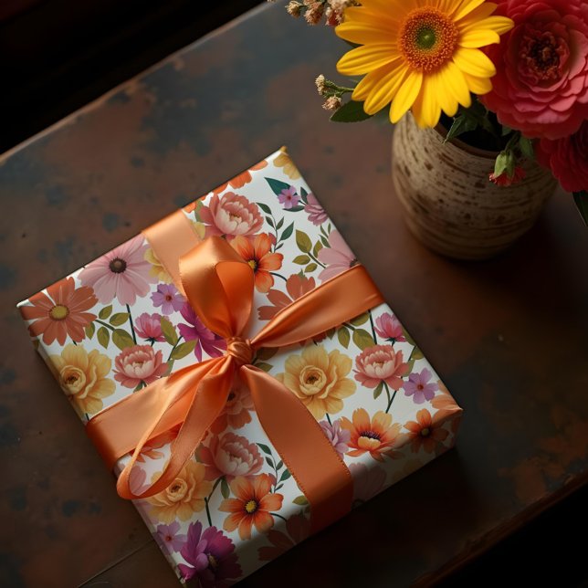 Papier Cadeau Retro Vibrant Botanique Floral & Foliage Motif (Retro Vibrant Botanical Floral & Foliage Pattern Wrapping Paper)