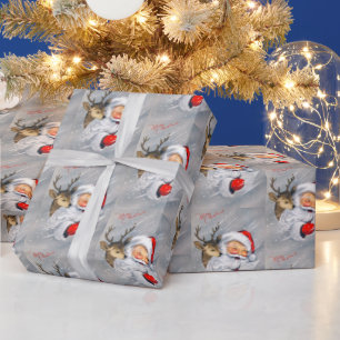 Papier Cadeau Retro vintage Noël Père Noël fête des rennes envel