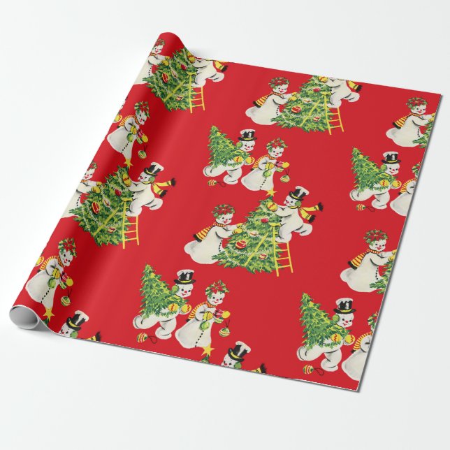 Papier Cadeau Retro Vintage Snowmen (Déroulé)