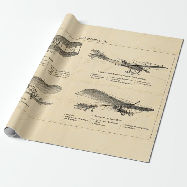 Papier Cadeau Rétros vieux avions d'antiquité de biplan d'avion (Déroulé)