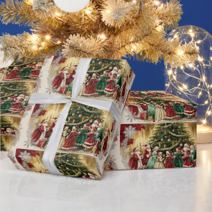 Papier Cadeau Réunion de Noël victorienne près de l'arbre de Noë