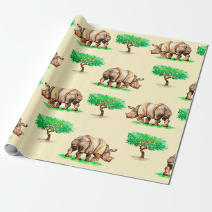 Papier Cadeau Rhinocéros aquarelle peint à la main