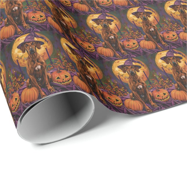 Papier Cadeau Rhodesian Ridgeback Chien Halloween sorcier Citrou (Coin rond)
