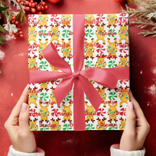 Papier Cadeau Rindeer Rouge et Vert Bonbons Nom personnalisé