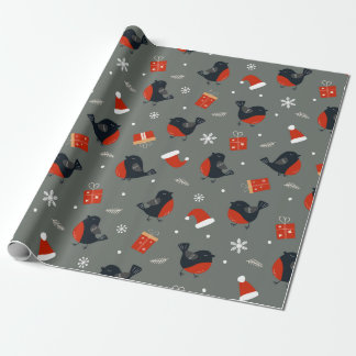 Papier Cadeau Robin Bird Motif de Noël avec cadeaux et Père Noël