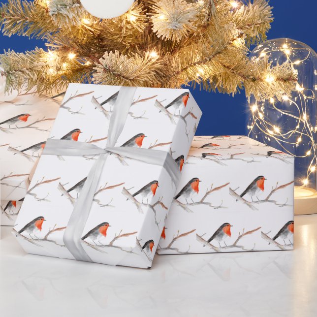 Papier Cadeau Robin Bird Woodland Rustique Xmas aquarelle (Vacances)