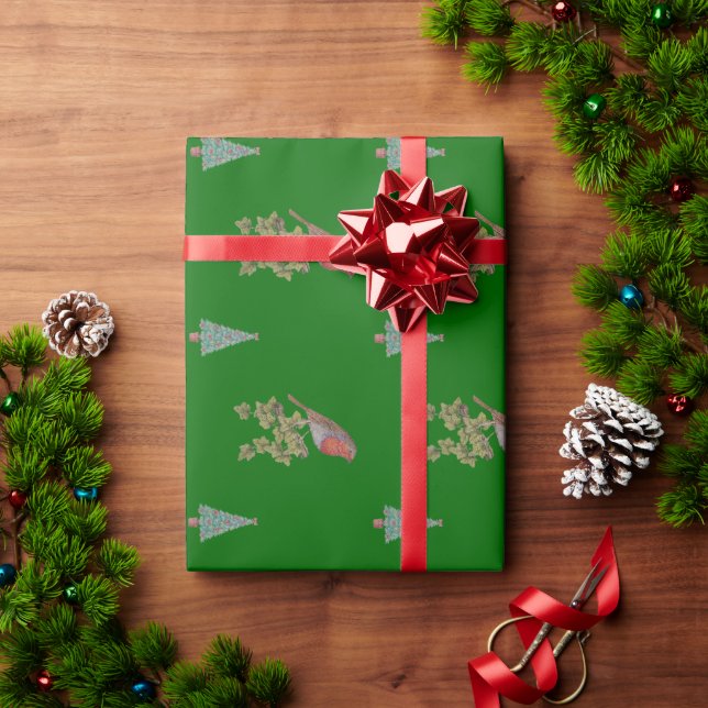 Papier Cadeau Robin perché sur des feuilles de lierre oiseaux sa (Cadeau de vacances)