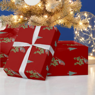 Papier Cadeau Robins de Noël et arbres de Noël