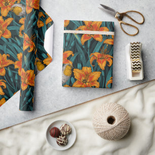 Papier Cadeau Robins et fleurs de lys, orange et bleu