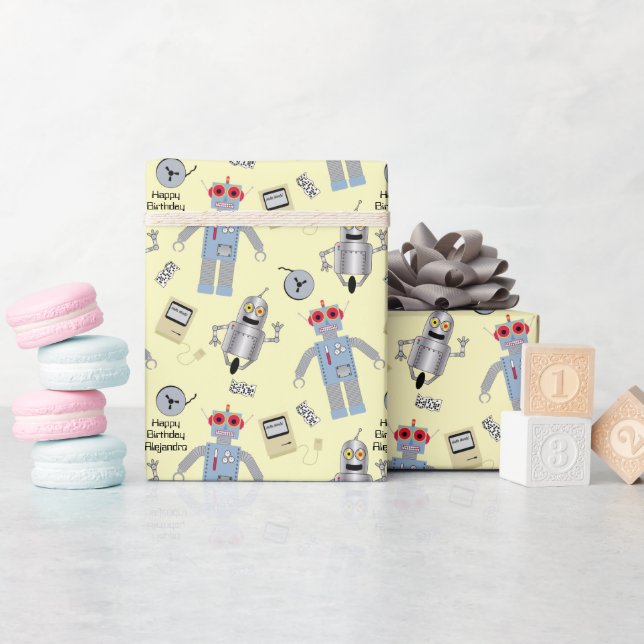 Papier Cadeau Robots et ordinateurs rétro mignons Message person (Baby Shower)