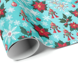 Papier Cadeau Robots Sci-Fi de Noël rétro Ornements Bleu