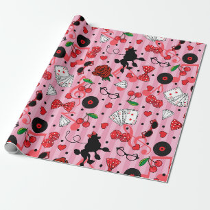Papier Cadeau Rockabilly Poodles Cerises et dés Anniversaire