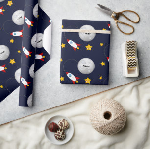 Papier Cadeau Rocket to the Moon and Stars Personnalisé
