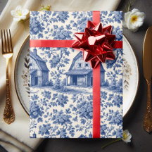 Rococo Orné Toile de Jouy Florale Bleu Rustique Gr
