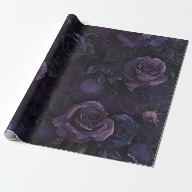 Papier Cadeau Romance gothique foncée Violet Rose Enveloppement  (Déroulé)