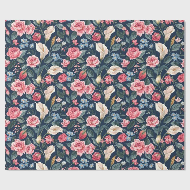 Papier Cadeau Romantic Navy Blue Floral Garden Pattern (Plat)