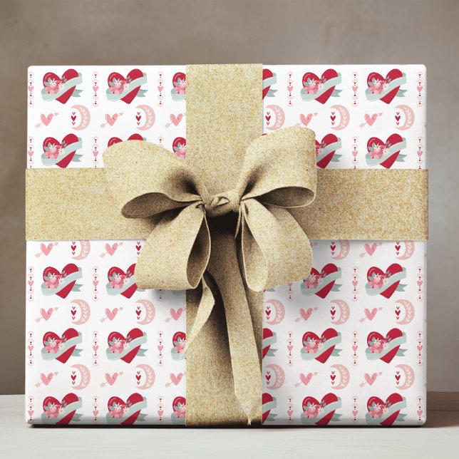 Papier Cadeau Romantique Céleste Amour Coeur Boho Moon Motif (Créateur téléchargé)