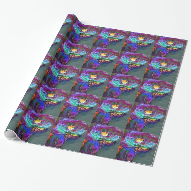 Papier Cadeau Romantique élégant violet turquoise peinture de fl (Déroulé)