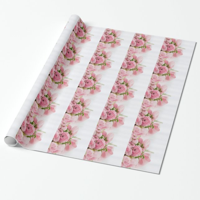 Papier Cadeau Romantique Mariage Love Soft Rose Flower Bouquet (Déroulé)