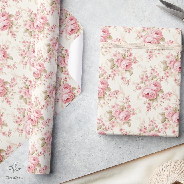 Papier Cadeau Romantique Pastel Rose Rose Rose cadeau Floral (Créateur téléchargé)