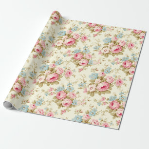 Papier Cadeau Romantique rose Rose anglais sur jaune pâle