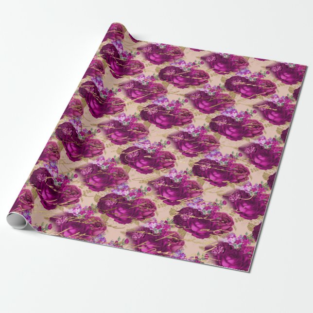 Papier Cadeau Romantique Roses magenta avec l'écriture d'or sur  (Déroulé)