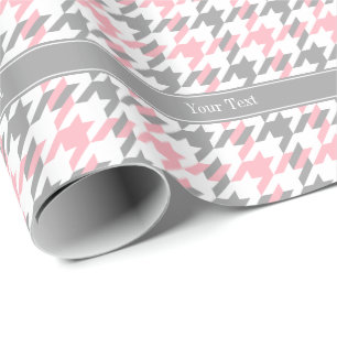 Papier Cadeau Rose Blanc Dk Gris Houndstooth Nom Monogramme