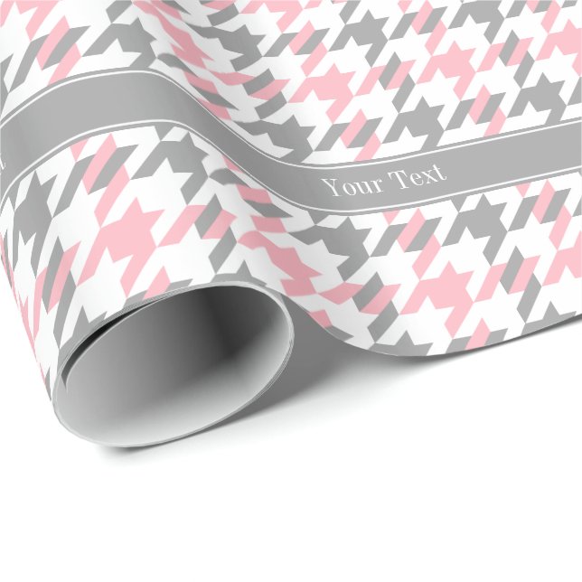 Papier Cadeau Rose Blanc Dk Gris Houndstooth Nom Monogramme (Coin rond)