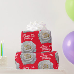 Papier Cadeau Rose blanche Joyeux Anniversaire Rouge